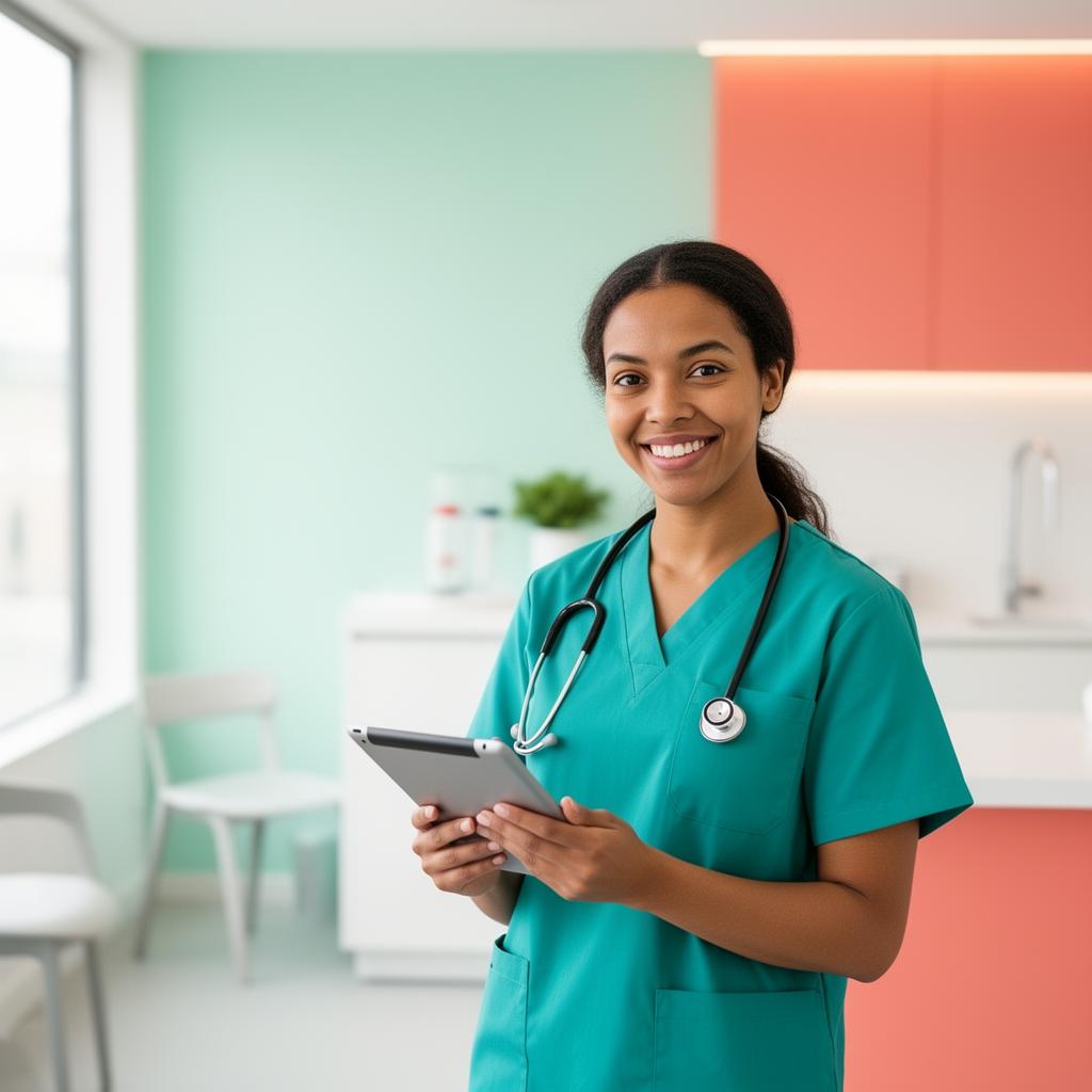 Friendly doctor in teal scrubs at Alberta Medicare Clinic